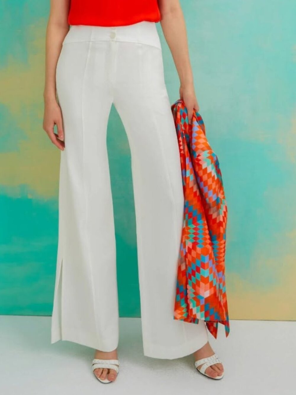 Carlisle High Waist, Wide Leg Side Slit Ivory Pants in Italian Double Weave, NWT